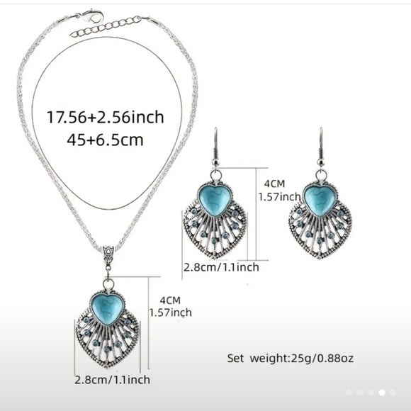 Boho Set Hollow Leaf Shaped Inlay Heart Shape Stone Pendant Necklace & Hook Drop - Picture 4 of 6